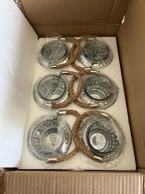 Set of 6 Glass Tealight Holders with Rope Handles - Silver mercury glass